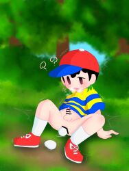 2boys anal anal_object_insertion anus ass black_hair blush bottomless child egg elementary_schoolboy hat mother_(series) mother_2 mrsksigure multiple_boys ness_(mother_2) nintendo object_insertion penis shirt shota super_smash_bros. sweat sweatdrop tears testicles yaoi