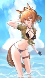 1girl agnes_tachyon_(lunatic_lab)_(umamusume) agnes_tachyon_(umamusume) ahoge animal_ears bardaneekaki bare_legs bikini black_bikini black_gloves blue_ribbon bow brown_hair brown_tail collarbone collared_shirt commentary criss-cross_halter cropped_shirt ear_ribbon gloves green_shirt hair_between_eyes halterneck hand_in_own_hair highres horse_ears horse_girl horse_tail looking_at_viewer medium_hair navel open_mouth pocket ponytail pouch red_eyes ribbon shirt short_sleeves sidelocks sleeves_rolled_up smile solo swimsuit tail thigh_pouch umamusume wading