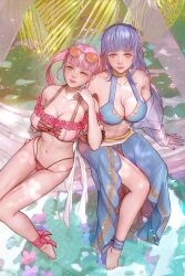 2girls alternate_costume barefoot bikini blue_bikini blue_hair blue_sarong braid breasts brown_eyes cleavage closed_mouth crown_braid eyewear_on_head fire_emblem fire_emblem:_three_houses fire_emblem_heroes highres hilda_valentine_goneril hilda_valentine_goneril_(summer) irisl large_breasts long_hair looking_at_viewer marianne_von_edmund marianne_von_edmund_(summer) multiple_girls navel nintendo off-shoulder_bikini off_shoulder official_alternate_costume one_eye_closed open_mouth outdoors palm_leaf palm_tree parted_lips pink-tinted_eyewear pink_bikini pink_eyes pink_hair ribbon sarong sitting smile stomach striped_bikini striped_clothes sunglasses swimsuit teeth tinted_eyewear tree twintails vertical-striped_bikini vertical-striped_clothes water