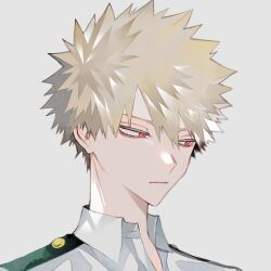 Rule 34 | 1boy, bakugou katsuki, blonde hair, boku no hero academia, closed mouth, collared shirt, commentary request, grey background, hair between eyes, highres, looking to the side, male focus, neminemisho, open collar, parted bangs, red eyes, school uniform, shirt, short hair, sideways glance, simple background, solo, spiked hair, u.a. school uniform, upper body, wing collar