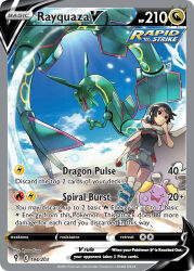 1girl anklet artist_name black_hair black_sclera black_shirt blue_sky cape card_(medium) character_name closed_mouth cloud colored_sclera company_name copyright_name copyright_notice day dragon eastern_dragon english_text fuse_ryuuta gen_3_pokemon grey_shoes grey_shorts holding holding_poke_ball jewelry kneehighs legendary_pokemon nintendo official_art open_mouth outdoors poke_ball poke_ball_(basic) pokemon pokemon_(creature) pokemon_card pokemon_oras pokemon_tcg rayquaza red_eyes shirt shoes short_hair shorts sky socks sunlight third-party_source trading_card whismur white_socks yellow_eyes zinnia_(pokemon)