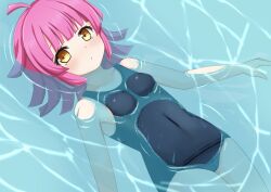 1girl ahoge blue_one-piece_swimsuit blunt_bangs blunt_ends blush breasts collarbone commentary covered_navel expressionless eyelashes kinnikku looking_at_viewer love_live! love_live!_nijigasaki_high_school_idol_club on_water one-piece_swimsuit partially_submerged pink_hair school_swimsuit school_swimsuit_flap short_hair small_breasts solo swimsuit tennoji_rina thighs water yellow_eyes