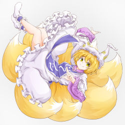 1girl animal_hat ankle_cuffs blonde_hair dress female_focus fox_tail full_body grey_background hat highres long_sleeves looking_at_viewer mob_cap multiple_tails ofuda simple_background smile socks solo tabard tail tarumaru touhou white_background white_dress white_hat white_socks wide_sleeves yakumo_ran yellow_eyes