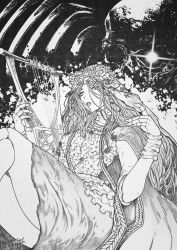 bandaged_wrist bandages elden_ring elden_ring_nightreign flower_wreath glowing glowing_eye greyscale greyvolg harp head_wreath highres instrument monochrome revenant_(elden_ring) skeleton