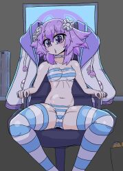 1girl blush choker d-pad d-pad_hair_ornament hair_ornament highres hood hooded_track_jacket hoodie indoors jacket jewelry neck_ring nepnepdaitsuki neptune_(neptunia) neptune_(series) open_mouth panties purple_eyes purple_hair short_hair socks striped_clothes striped_panties striped_socks striped_thighhighs thighhighs track_jacket underwear usb white_choker