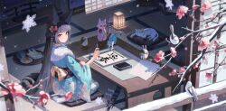 Rule 34 | 1girl, absurdres, alternate costume, animal ears, architecture, bird, black hair, black sash, blue kimono, braid, calligraphy, calligraphy brush, closed mouth, commentary request, cup, east asian architecture, food, fox ears, fox girl, half up braid, highres, holding, holding calligraphy brush, holding paintbrush, hoshimi miyabi, indoors, japanese clothes, kimono, long hair, luckyboo (zenless zone zero), no shoes, paintbrush, partial commentary, red eyes, sash, scabbard, seiza, sheath, sheathed, sitting, smile, solo, sword, very long hair, weapon, xary, yunomi, zenless zone zero