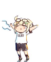 Rule 34 | 1girl, :o, = =, arms up, artoria pendragon (fate), black-framed eyewear, black shorts, black socks, blonde hair, blush stickers, chibi, closed eyes, commentary request, eyewear on head, fate/grand order, fate (series), full body, glasses, grey shorts, gym shirt, gym shorts, gym uniform, kasuga yuuki, mysterious heroine x alter (fate), parted lips, shirt, short sleeves, shorts, simple background, socks, solo, standing, stretching, white background, white shirt