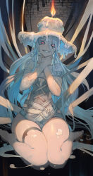 1girl bare_shoulders belt blue_hair blush breasts candle commentary_request eyeliner grin highres lack long_hair looking_at_viewer makeup original personification red_eyes sitting smile solo straddling thigh_strap very_long_hair wariza