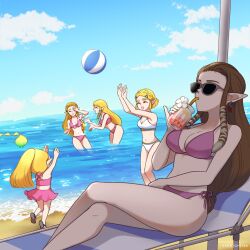 Rule 34 | 5girls, beach, bikini, bikini skirt, brown hair, commentary, cup, drinking glass, english commentary, highres, in-franchise crossover, long hair, low-tied long hair, multiple girls, multiple persona, nintendo, pink bikini, pointy ears, ponytail, princess zelda, short hair, splashing, sunglasses, swimsuit, teraichigo, the legend of zelda, the legend of zelda: echoes of wisdom, the legend of zelda: ocarina of time, the legend of zelda: skyward sword, the legend of zelda: tears of the kingdom, the legend of zelda: twilight princess, tri (zelda), white bikini