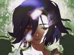 1boy blue_hair green_background gundam gundam_gquuuuuux half-closed_eyes highres male_focus open_mouth portrait red_eyes ru_chi_i short_hair shuji_ito smile solo