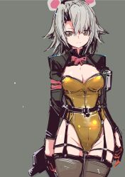 1girl absurdres animal_ears black_shrug bow breasts fake_animal_ears garter_straps girls&#039;_frontline girls&#039;_frontline_2:_exilium gloves gold_leotard grey_background grey_hair highres leotard looking_at_viewer medium_breasts medium_hair official_alternate_costume shrug_(clothing) solo thigh_gap thighhighs vector_(girls&#039;_frontline) vector_(girls&#039;_frontline_2) vector_(molotov_bunny)_(girls&#039;_frontline_2) yellow_eyes yoto_(rinlin2)