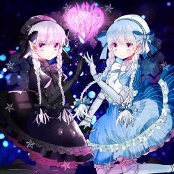 2girls alice_(fate) black_dress braid doll_joints dress fate/extra fate/extra_ccc fate/grand_order fate_(series) finger_touching gothic_lolita heart highres joints lolita_fashion multiple_girls nursery_rhyme_(fate) pink_eyes tsuyudakudakunarin twin_braids white_hair