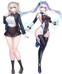 1girl :o amahara_kuon bare_shoulders black_jacket black_leotard black_socks blazer blue_eyes blush boots bow bowtie breasts brown_eyes brown_skirt celestia_quartz closed_mouth collared_shirt covered_navel elbow_gloves full_body gloves grey_hair highleg highleg_leotard highres impossible_clothes impossible_leotard jacket kutan large_breasts leg_up leotard loafers long_hair long_sleeves looking_at_viewer magical_girl multicolored_leotard multiple_girls multiple_views open_clothes open_jacket open_mouth original plaid_clothes plaid_skirt pleated_skirt red_bow red_bowtie school_uniform shirt shirt_tucked_in shoes sideboob simple_background skin_tight skindentation skirt smile socks standing standing_on_one_leg thigh_boots thighhighs thighs transparent_background twintails two-tone_leotard two_side_up white_background white_gloves white_hair white_shirt yellow_eyes