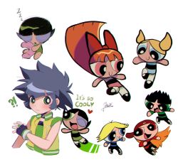 !? 3boys 4girls black_hair blossom_(ppg) boomer_(ppg) bow brick_(ppg) bubbles_(ppg) butch_(ppg) buttercup_(ppg) closed_eyes commentary_request evil_grin evil_smile fingerless_gloves furrowed_brow gloves green_eyes grin guruo_(gur_sp) hair_bow heart highres in-franchise_crossover long_hair matsubara_kaoru multiple_boys multiple_girls one_eye_closed open_mouth powered_buttercup powerpuff_girls powerpuff_girls_z rowdyruff_boys signature sleeping smile spiked_hair twintails vest yellow_vest zzz
