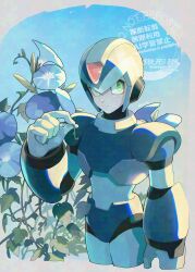 1boy armor blue_armor blue_flower blue_helmet blue_sky cowboy_shot flower forehead_jewel green_eyes helmet highres kuwagata_mura male_focus mega_man_(series) mega_man_x_(series) sky solo watermark x_(mega_man)