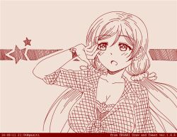 1girl :o arm_up bikini bikini_under_clothes blush breasts cleavage collarbone collared_shirt commentary dated hair_ornament hair_scrunchie hashtag-only_commentary large_breasts love_live! love_live!_school_idol_project low_twintails open_mouth pas_(paxiti) red_theme scrunchie shirt short_sleeves solo star_(symbol) swimsuit tegaki_draw_and_tweet tojo_nozomi twintails twitter_username upper_body