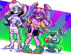 Rule 34 | 3girls, bare shoulders, black hair, blonde hair, boots, brown eyes, collarbone, fangs, fusion, gradient hair, high heel boots, high heels, highres, jelonzo (splatoon), long hair, looking at viewer, marina (omori), marina (splatoon), medusa (omori), molly (omori), monster girl, multicolored hair, multiple girls, nintendo, ojou-sama pose, omori, pink hair, red eyes, skirt, slime girl, splatoon (series), splatoon 2, tentacle hair, theicinha, white footwear, white hair, white skirt