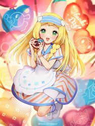 1girl :d alternate_costume apron balloon blonde_hair blue_hat braid candice_(palentine&#039;s_2024)_(pokemon) candice_(pokemon) candice_(pokemon)_(cosplay) candy character-themed_food character_balloon chocolate chocolate_heart cosmog cosplay creatures_(company) dress eyelashes food full_body galarian_darmanitan galarian_darmanitan_(zen) galarian_form game_freak gen_7_pokemon gen_8_pokemon greedent green_eyes hat heart heart_balloon highres kinocopro legendary_pokemon lillie_(pokemon) litten long_hair looking_at_viewer nintendo official_alternate_costume open_mouth pokemon pokemon_masters_ex pokemon_sm popplio rowlet shoes short_sleeves smile solo striped_clothes striped_dress twin_braids twitter_username visor_cap waist_apron white_apron white_shoes