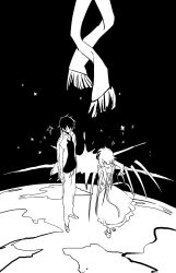 1boy 1girl aaniko boots character_request chinese_commentary collared_jacket commentary_request explosion faceless faceless_male floating_clothes frilled_skirt frills full_body globe greyscale height_difference high_collar highres jacket kagerou_project long_skirt long_sleeves messy_hair monochrome open_clothes open_jacket pants pleated_skirt shirt shoes short_hair skirt sleeves_past_wrists sneakers sparkle standing v-neck