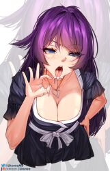 1girl artist_name bakemonogatari blue_dress blue_eyes blush bow breasts cleavage collarbone cropped_torso cum cum_in_mouth cum_on_body cum_on_hands cum_on_tongue cumdrip dress eyelashes facial frilled_sleeves frills hand_on_own_hip hand_up heart heart_necklace jewelry large_breasts leaning_forward likunea long_hair looking_at_viewer monogatari_(series) necklace official_alternate_costume open_mouth patreon_logo patreon_username pleated_dress purple_hair ribbon senjougahara_hitagi short_sleeves sidelocks solo teeth tongue tongue_out twitter_logo twitter_username upper_teeth_only white_bow white_ribbon zoom_layer