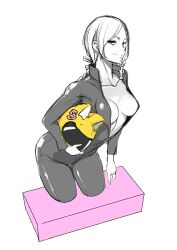 1girl absurdres animal_helmet biker_clothes bikesuit black_bodysuit bodysuit braid breasts celty_sturluson closed_mouth collarbone cosplay durarara!! greyscale helmet highres long_hair looking_at_viewer monochrome motorcycle_helmet shinatsuhiko_yae simple_background single_braid smile solo spot_color white_background yasuda_suzuhito yozakura_quartet
