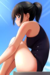 1girl absurdres bare_arms blue_one-piece_swimsuit blue_sky blush breasts day grey_eyes highres looking_at_viewer matsunaga_kouyou one-piece_swimsuit original outdoors ponytail sidelocks sideways_glance sitting sky small_breasts solo swimsuit thighs