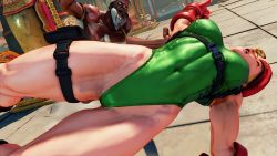 1boy 3d age_difference antenna_hair bare_shoulders blonde_hair blue_eyes braid breasts cammy_white covered_navel curvy dhalsim fighting gloves green_leotard hat highleg highleg_leotard highres large_breasts leotard lips long_hair red_gloves red_hat ryona screencap shiny_clothes solo street_fighter street_fighter_v thighs third-party_edit thong_leotard twin_braids very_long_hair wide_hips
