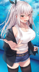Rule 34 | 1girl, aquarium, black jacket, black ribbon, black thighhighs, blue shorts, breasts, butterfly hair ornament, cleavage, collarbone, commentary request, denim, denim shorts, etna (kuzuyu), hair ornament, hair ribbon, highres, jacket, jewelry, komori kuzuyu, large breasts, long hair, looking at viewer, necklace, open mouth, original, ribbon, shorts, solo, standing, thighhighs, thighs, white hair