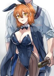 1boy 1girl alternate_breast_size animal_ears arms_behind_back black_bow black_bowtie black_coat black_hairband black_leotard black_pantyhose bow bowtie breasts cibamatoxins cleavage coat coat_on_shoulders commentary_request detached_collar fake_animal_ears fate/grand_order fate_(series) fujimaru_ritsuka_(female) hair_between_eyes hairband highleg highleg_leotard highres holding holding_sword holding_weapon katana large_breasts leotard one_side_up orange_eyes orange_hair pantyhose playboy_bunny rabbit_ears saitou_hajime_(fate) signature sleeves_rolled_up strapless strapless_leotard sword traditional_bowtie twitter_username two-sided_coat two-sided_fabric veins weapon