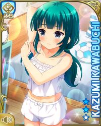 1girl aqua_hair arm_up bare_arms bare_legs bare_shoulders barefoot bed bedroom blush card_(medium) character_name closed_mouth day embarrassed girlfriend_(kari) grey_eyes indoors kawabuchi_kazumi navel official_art pinching qp:flapper solo sparkle standing tagme twintails underwear weight_conscious wooden_floor