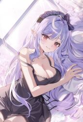1girl ahoge blush bow breasts cleavage dress highres ien_(to_yen) large_breasts long_hair looking_at_viewer lying mole mole_under_eye multicolored_hair nail_polish on_side pointy_ears purple_hair red_eyes solo streaked_hair very_long_hair vivian_banshee window zenless_zone_zero