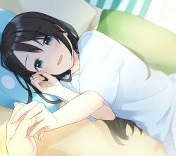 1boy 1girl black_hair blue_eyes blue_pillow blush hetero highres holding_hands idolmaster idolmaster_shiny_colors long_hair lying mitsumine_yuika on_side pachiko producer_(idolmaster) shirt short_sleeves shorts striped_wall white_shirt white_shorts