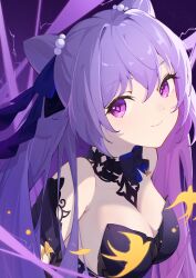 1girl absurdres armpit_crease bare_shoulders breasts cat_ear-shaped_hair closed_mouth detached_collar diamond-shaped_pupils diamond_(shape) dress genshin_impact hair_between_eyes hair_ornament highres keqing_(genshin_impact) keqing_(opulent_splendor)_(genshin_impact) large_breasts long_hair official_alternate_costume official_alternate_hairstyle purple_eyes purple_hair qi_di_xiong smile solo strapless strapless_dress symbol-shaped_pupils twintails upper_body