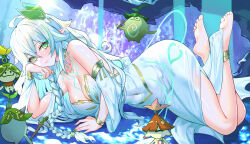 1girl aranara_(genshin_impact) bare_shoulders barefoot body_markings braid breasts chinese_commentary closed_mouth collarbone commentary_request covered_navel dress feet genshin_impact green_eyes green_nails green_pupils hair_between_eyes hair_ornament highres large_breasts linea_alba long_hair looking_at_viewer lying misheng_liu_yin multicolored_hair nail_polish on_side pointy_ears rukkhadevata_(genshin_impact) sidelocks smile soles solo strapless strapless_dress streaked_hair toes white_dress white_hair