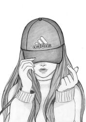 1girl adidas covering_face female_focus fingernails hand_gesture hat hiding_face lips long_hair long_sleeves money_gesture monochrome non-web_source simple_background sketch solo sweater white_background