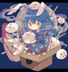 1girl animal_ears blue_dress blue_hair blush crescent_print dress earclip hair_between_eyes highres kine long_hair mallet nikorashi-ka one-hour_drawing_challenge puffy_short_sleeves puffy_sleeves rabbit_ears red_eyes seiran_(touhou) short_sleeves sitting solo star_(symbol) star_print touhou white_legwear