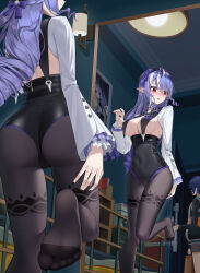 2girls absurdres ass belle_(zenless_zone_zero) black_bow black_bowtie black_nails black_pantyhose blush bow bowtie breasts commentary_request covered_navel feet foot_up hair_bow hand_up highres indoors large_breasts long_hair mirror mole mole_on_breast mole_under_eye multicolored_hair multiple_girls nail_polish no_shoes pantyhose parted_lips partial_commentary patterned_legwear pointy_ears purple_bow purple_hair red_eyes reflection sidelocks soles solo_focus streaked_hair toes variant_set vivian_banshee wuren zenless_zone_zero