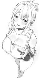 Rule 34 | 1girl, amano don, apron, arms behind back, blush, breasts, choker, cleavage, collarbone, commentary, dolphin shorts, feet out of frame, frilled apron, frills, from above, goddess of victory: nikke, greyscale, hair between eyes, heart, heart choker, holding own wrist, large breasts, looking at viewer, mole, mole under eye, monochrome, official alternate costume, parted lips, short hair, shorts, simple background, sleeveless, smile, socks, solo, standing, tia (nikke), tia (sweet chef) (nikke), white background