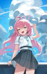 1girl :d absurdres ahoge blue_archive blue_eyes blue_necktie blue_sky blush cloud collared_shirt cowboy_shot day fang halo heart heart-shaped_pupils heterochromia highres hoshino_(blue_archive) huge_ahoge long_hair looking_at_viewer necktie open_mouth outdoors pink_hair pink_halo pleated_skirt school_uniform seulpeunna shirt skirt sky sleeves_rolled_up smile solo spoken_heart standing symbol-shaped_pupils very_long_hair white_shirt