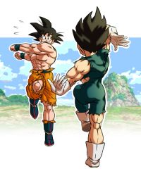 2boys abs ankle_boots arm_at_side arm_behind_head arm_up ass black_bodysuit black_eyes black_hair blue_footwear blue_sky bodysuit boots border clenched_hands clenched_teeth cloud cloudy_sky dancing day dragon_ball dragon_ball_super dragon_ball_super_broly dragonball_z facing_away flying_sweatdrops from_behind fusion_dance gloves grass highres leg_up mountain multiple_boys muscular muscular_male narrow_waist nervous orange_pants outdoors outline outstretched_arms pants pea-bean pectorals rock rope sidelighting sky smile son_goku spiked_hair standing standing_on_one_leg teeth torn_bodysuit torn_clothes torn_pants vegeta vignetting white_border white_footwear white_gloves white_outline wristband