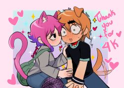 Rule 34 | 1boy, 1girl, animal collar, animal ears, bag, black shirt, blush, brown hair, brown sweater, cat ears, cat girl, cat tail, collar, dog boy, dog ears, dog tail, english text, evygur0, green bag, hair between eyes, highres, milestone celebration, multicolored hair, pants, pink hair, ramona flowers, scott pilgrim, scott pilgrim (series), shirt, short hair, short sleeves, shoulder bag, skirt, sweat, sweater, tail, thank you, tongue, tongue out, two-tone hair