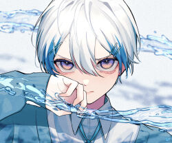 1boy aegyo_sal aqua_necktie blue_hair blurry blurry_background collared_shirt commentary_request hair_between_eyes hair_ornament hairclip highres looking_at_viewer male_focus multicolored_hair necktie original purple_eyes shirt short_hair signature streaked_hair two-tone_hair water white_hair white_shirt x_hair_ornament yoruse