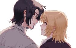 Rule 34 | 1boy, 1girl, athrun zala, blonde hair, blue hair, cagalli yula athha, couple, face-to-face, green eyes, gundam, gundam seed, hetero, highres, koban (zouwqprlfvilaod), open mouth, profile, shirt, short hair, simple background, upper body, white background, yellow eyes
