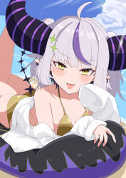 1girl absurdres ahoge ass beach bikini breasts cloud cloudy_sky earrings gold_bikini gold_bra gold_panties grey_hair highres hololive horns jewelry la+_darknesss light_blush limeakatuki looking_at_viewer multicolored_hair pointy_ears purple_hair purple_streaks sky small_breasts solo swimsuit tongue tongue_out two-tone_hair yellow_eyes