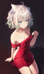 Rule 34 | 1girl, ahoge, aqua hair, artist name, backless dress, backless outfit, blue eyes, bow, breasts, cleavage, closed mouth, clothes pull, collarbone, cowboy shot, dress, dress pull, embarrassed, gradient hair, green hair, hair bow, highres, indie virtual youtuber, looking at viewer, medium hair, mint fantome, multicolored hair, off-shoulder dress, off shoulder, pointy ears, red dress, rosuuri, signature, small breasts, solo, virtual youtuber, wavy hair, white hair