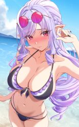 1girl absurdres arm_at_side bare_shoulders beach bikini black_bikini black_nails blush breasts closed_mouth cloud collarbone day drill_hair eyewear_on_head frills gradient-tinted_eyewear highres large_breasts long_hair looking_at_viewer mole mole_under_eye multi-strapped_bikini_bottom multicolored_bikini multicolored_hair navel ocean pink-tinted_eyewear pointy_ears purple_hair red_eyes round_eyewear solo standing string_bikini swimsuit tinted_eyewear vic_1223 vivian_banshee zenless_zone_zero