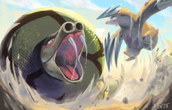 battle claws cloud commentary_request day dust excadrill eye_contact fangs gen_1_pokemon gen_5_pokemon gen_8_pokemon looking_at_another nintendo no_humans open_mouth outdoors penta_oekaki pikachu pokemon pokemon_(creature) rock sandaconda signature sky tongue