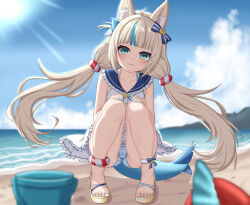 1girl :3 absurdres animal_ears azunyart beach blue_bow blue_eyes blue_nails blue_panties blue_sky blue_streaks bow bucket cat_ears cloud cloudy_sky day dress fins fish_tail hair_bow highres indie_virtual_youtuber lifebuoy_hair_ornament long_hair looking_at_viewer low_twintails nail_polish panties sailor_dress sameko_saba sand sandals sky solo squatting striped_clothes striped_panties sun tail toenail_polish toenails twintails underwear virtual_youtuber white_dress