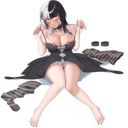 1girl absurdres barefoot black_choker black_dress black_hair black_nails blush breasts choker cleavage closed_mouth dress grey_hair highres hololive hololive_english large_breasts long_hair looking_at_viewer mmneko multicolored_hair ribbon shiori_novella shiori_novella_(1st_costume) solo split-color_hair transparent_background two-tone_hair unworn_clothes virtual_youtuber white_ribbon yellow_eyes