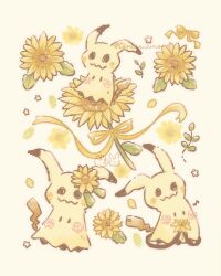creatures_(company) flower game_freak gen_7_pokemon highres holding mimikyu musical_note nintendo no_humans petals pokemon pokemon_(creature) ribbon simple_background star_(symbol) sunflower temariame14 twitter_username yellow_flower yellow_petals yellow_ribbon